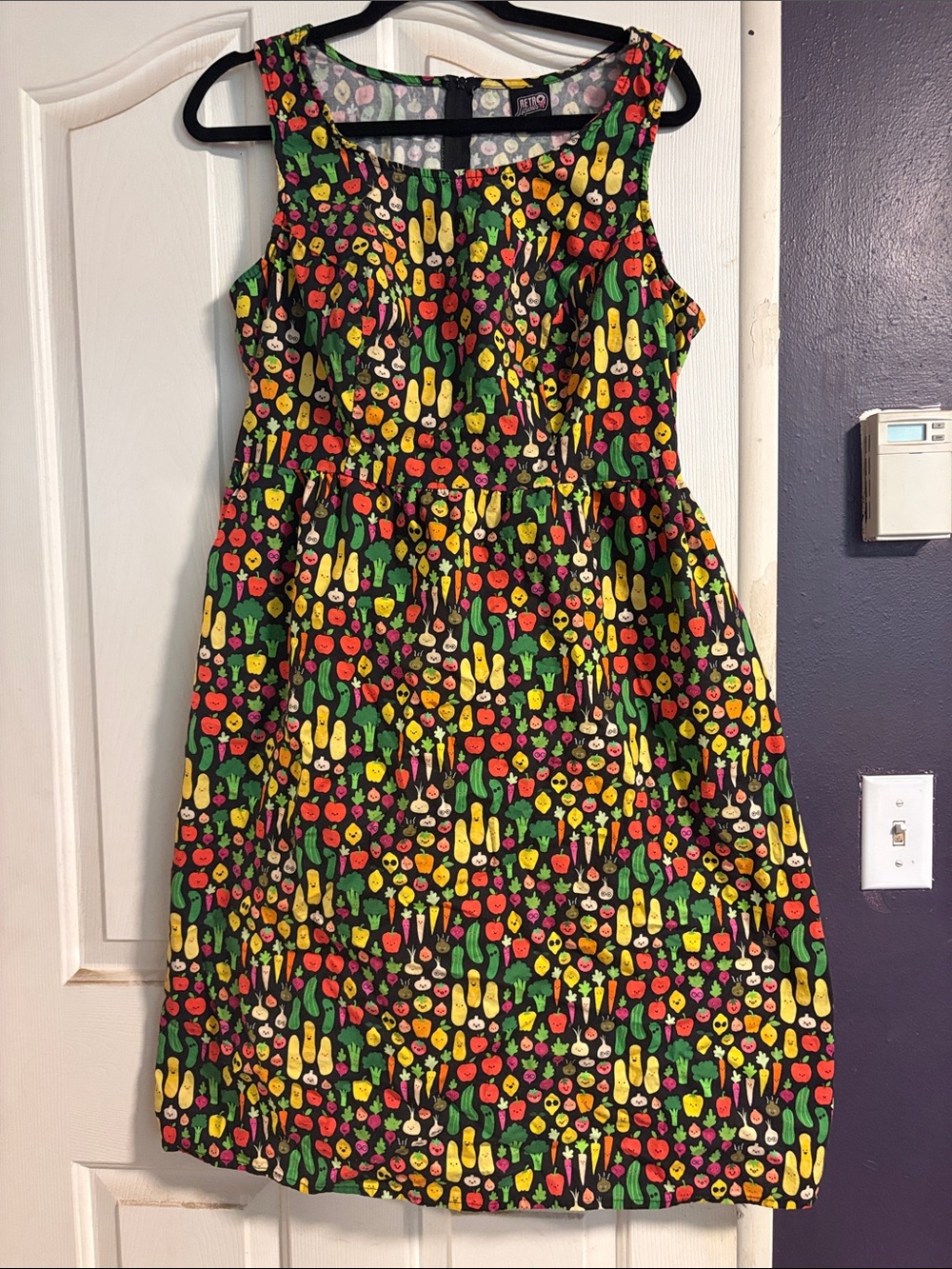 Retrolicious Black Sleeveless Dress with Bright Veggie Print